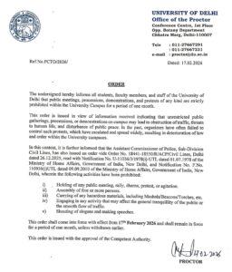 दिल्ली विश्वविद्यालय ने कैंपस में किसी भी तरह के प्रदर्शन और धरने पर एक महीने की रोक लगा दी है। प्रशासन ने सुरक्षा और शांति बनाए रखने का हवाला दिया।